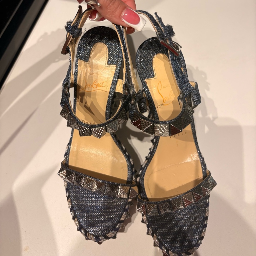 Christian Louboutin Blue Denim Studded Slingback Sandals